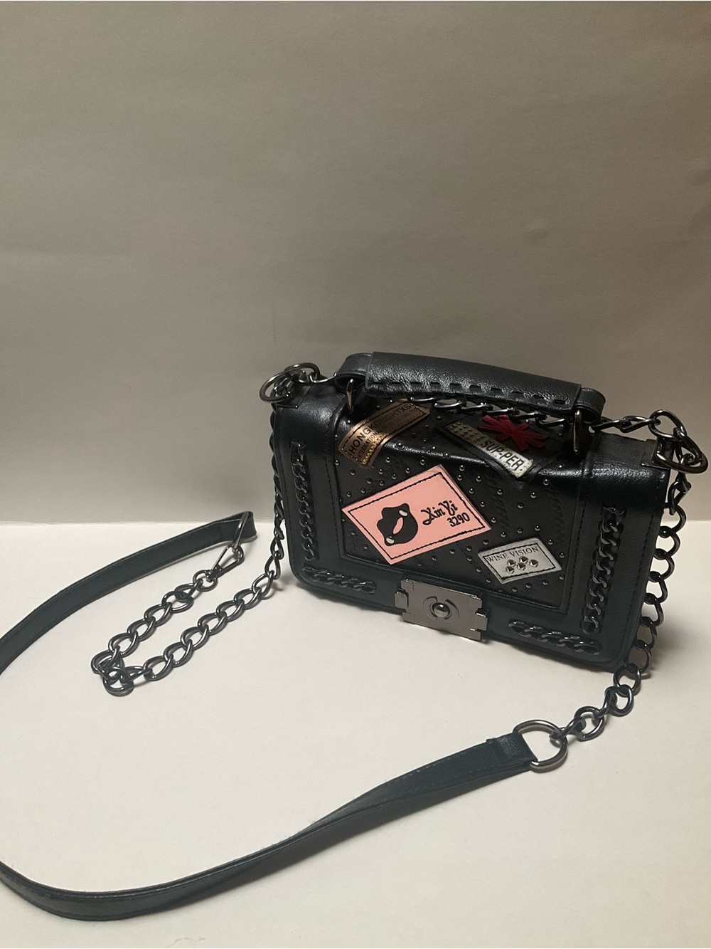 La Polo Fashion Black Handbag Y2K Chain Link Strap Patches Crossbody Purse